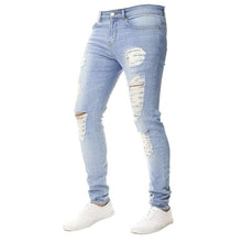 将图片加载到图库查看器，Mens Solid Color Jeans 2020 New Fashion Slim  Pencil Pants Sexy Casual Hole Ripped Design Streetwear
